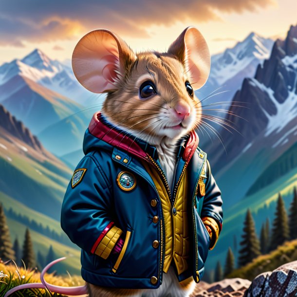 Picture of a mouse in a jacket in the mountains