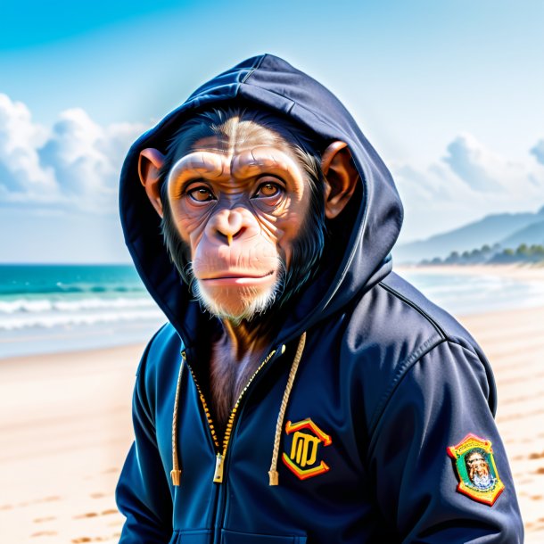 Image of a chimpanzee in a hoodie on the beach