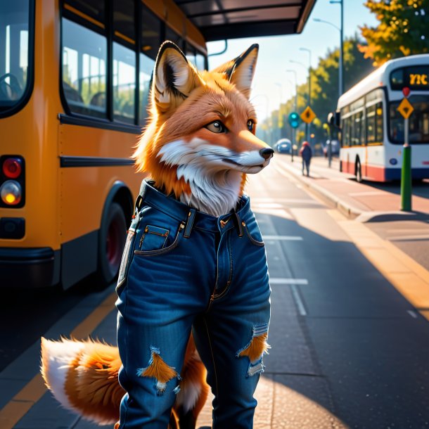 Foto de uma raposa em um jeans no ponto de ônibus