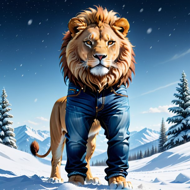 Illustration of a lion in a jeans in the snow