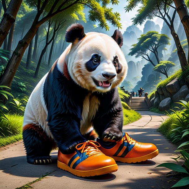 Foto de un panda gigante en zapatos anaranjados