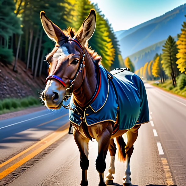 Photo of a mule in a jacket on the road
