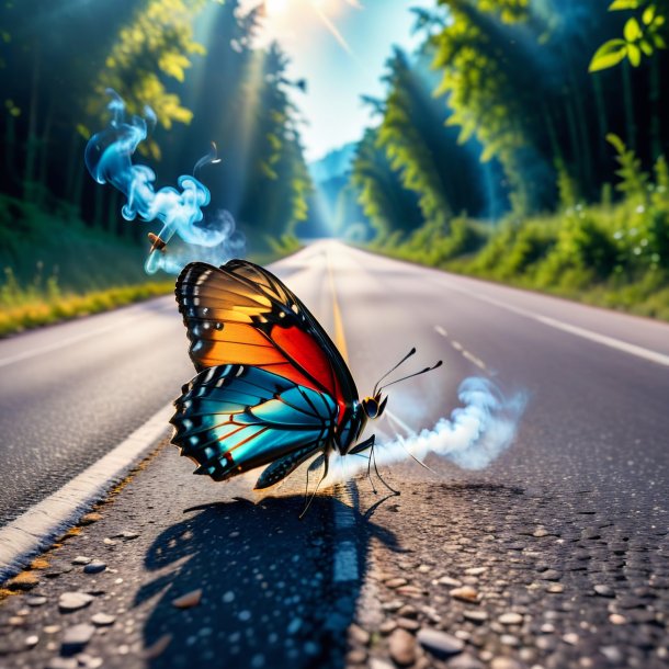 Photo of a smoking of a butterfly on the road