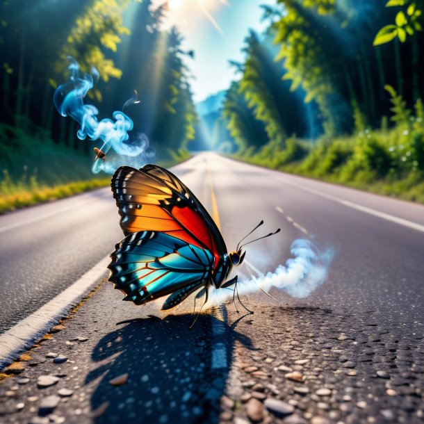 Photo d'une cigarette d'un papillon sur la route