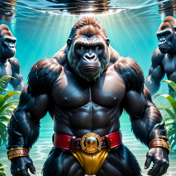 Image of a gorilla in a belt in the water