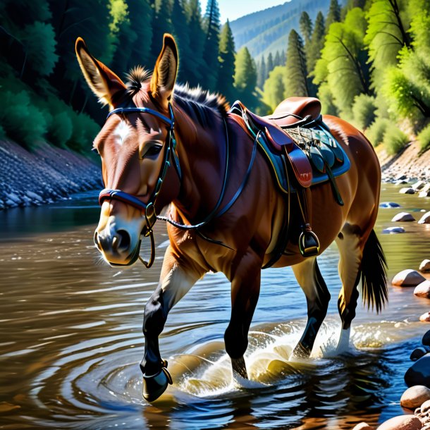 Foto de una mula en guantes en el río