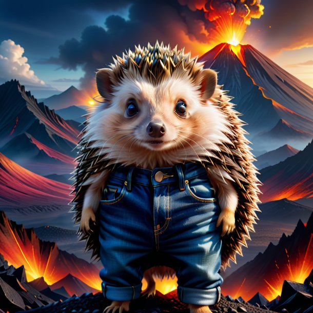 Illustration of a hedgehog in a jeans in the volcano