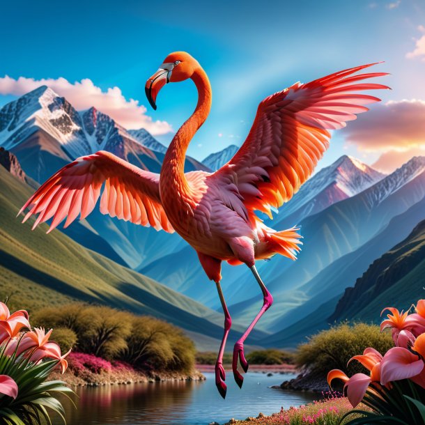 Image of a jumping of a flamingo in the mountains