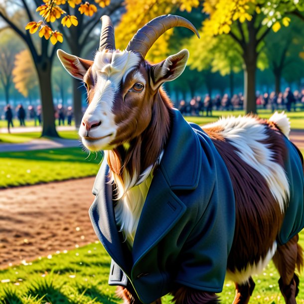 Pic of a goat in a coat in the park