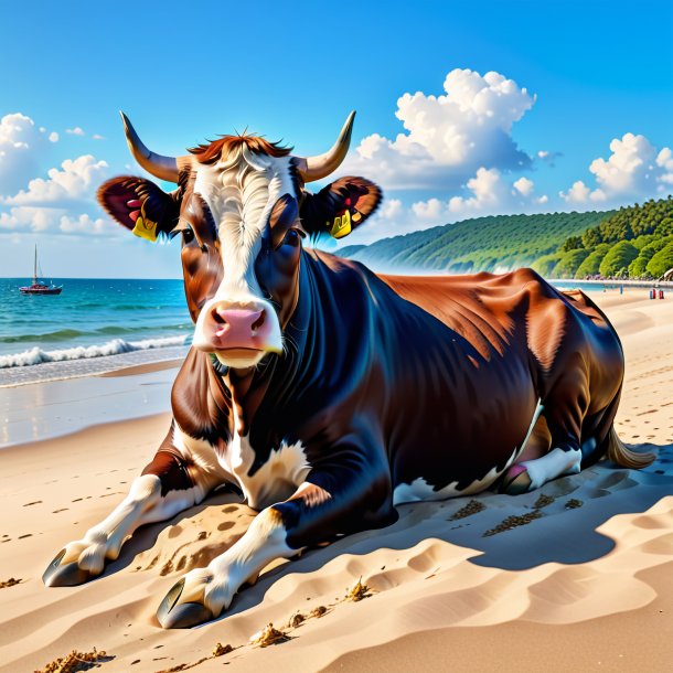 Image of a resting of a cow on the beach