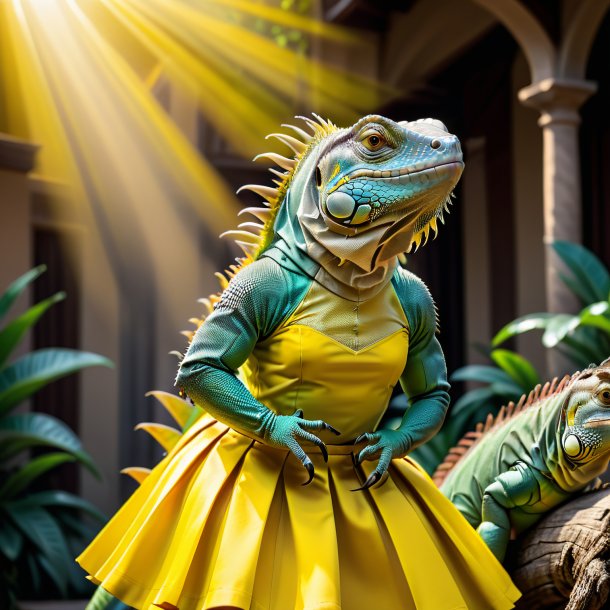 Photo of a iguana in a yellow skirt