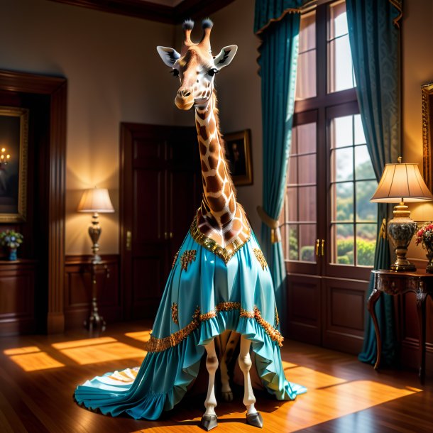 Image of a giraffe in a dress in the house