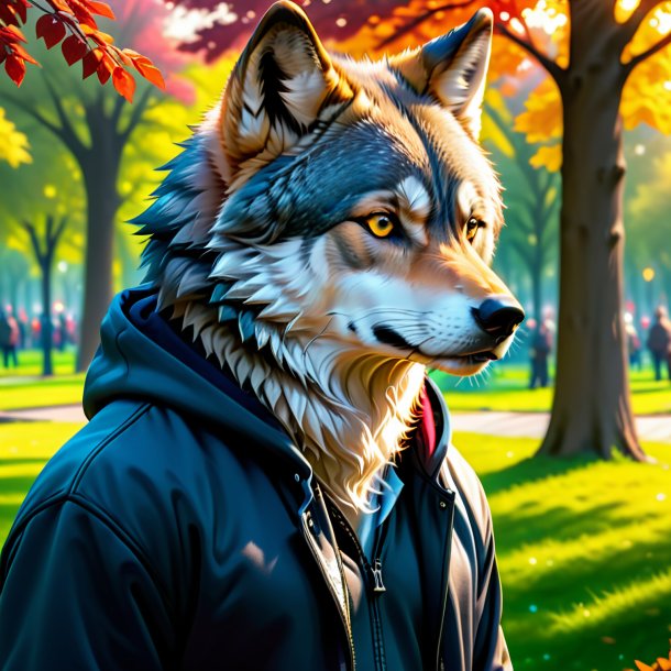 Uma foto de um lobo em um hoodie no parque