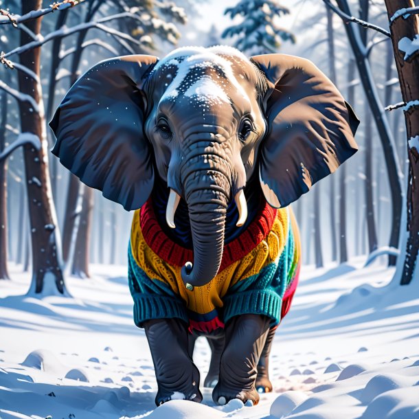 Image of a elephant in a sweater in the snow