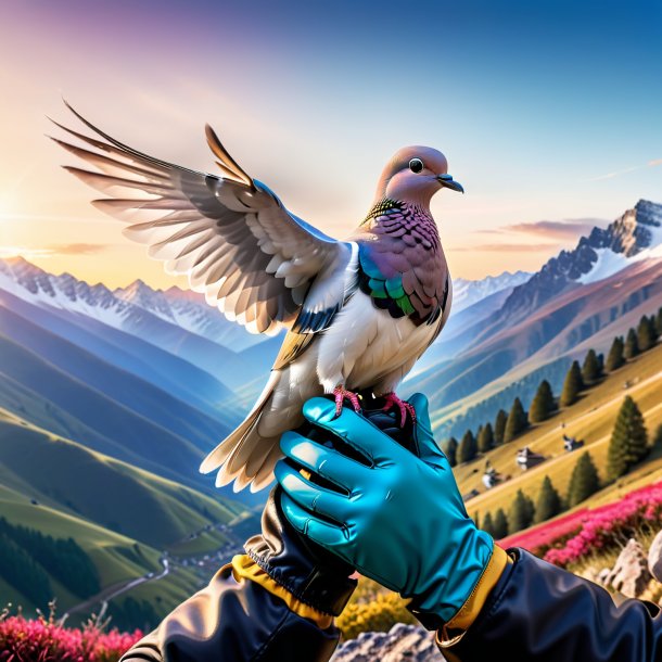 Picture of a dove in a gloves in the mountains