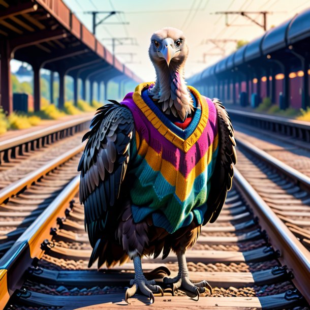 Drawing of a vulture in a sweater on the railway tracks