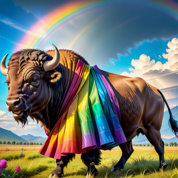 Photo d'un bison dans une jupe sur l'arc-en-ciel