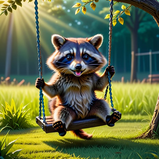 Image of a swinging on a swing of a raccoon on the field