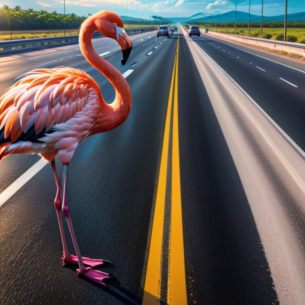 Drawing of a flamingo in a belt on the highway