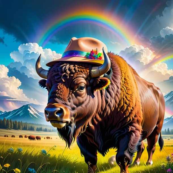 Drawing of a bison in a hat on the rainbow