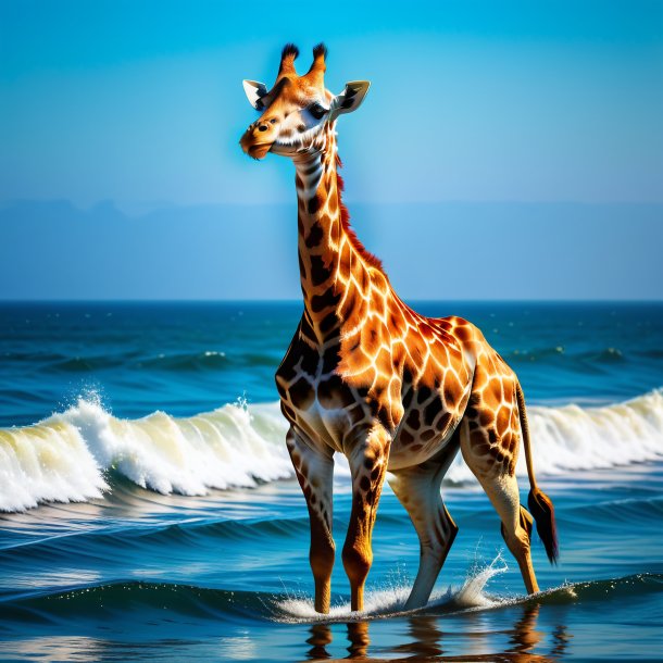 Foto de una jirafa en un abrigo en el mar