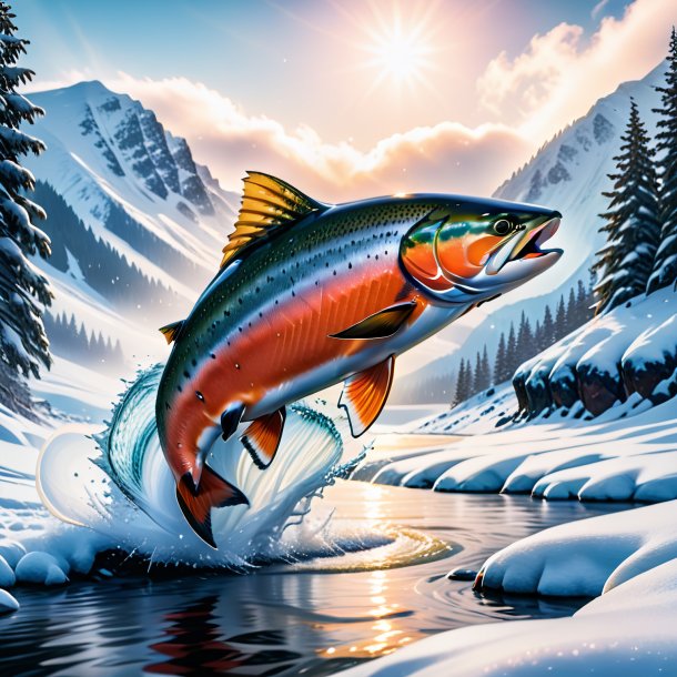 Image of a jumping of a salmon in the snow