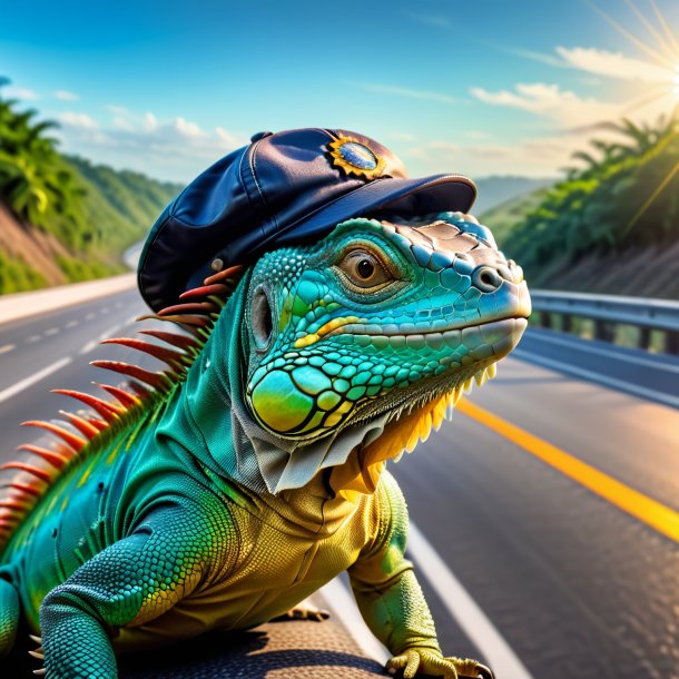 Imagem de uma iguana em um boné na rodovia