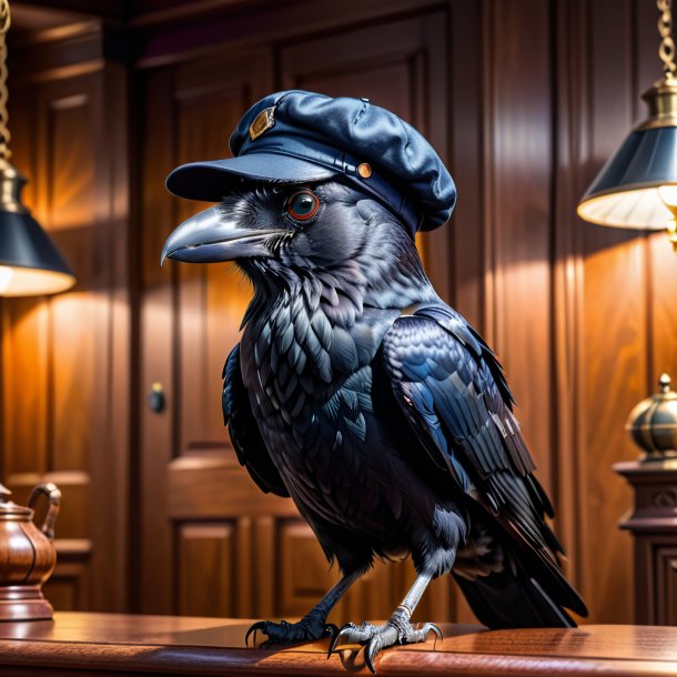 Picture of a crow in a cap in the house