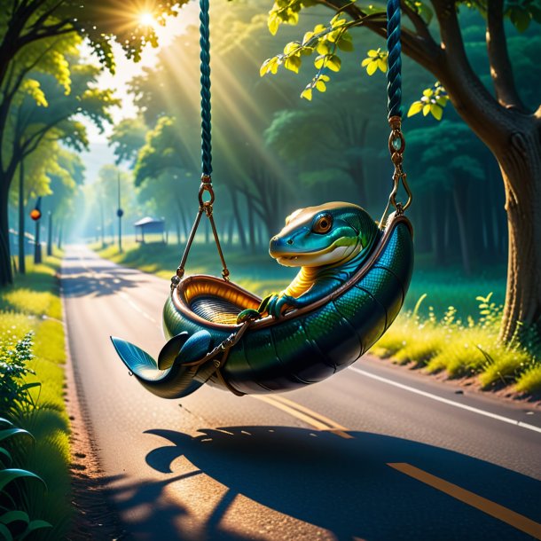 Photo of a swinging on a swing of a eel on the road