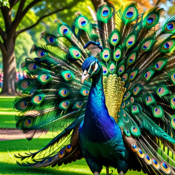 Image of a smiling of a peacock in the park