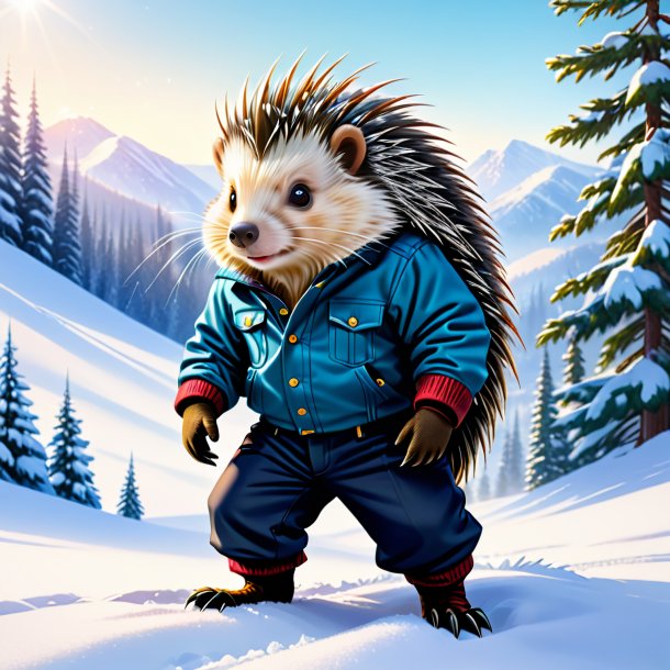 Illustration of a porcupine in a trousers in the snow