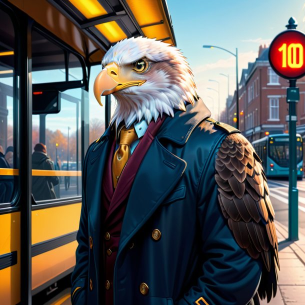 Illustration of a eagle in a coat on the bus stop