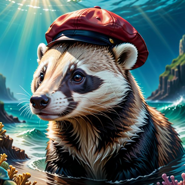 Illustration of a badger in a cap in the sea