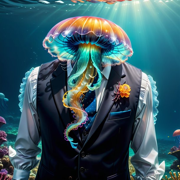 Drawing of a jellyfish in a vest in the sea