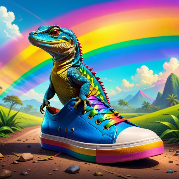 Ilustração de um lagarto monitor em um sapatos no arco-íris