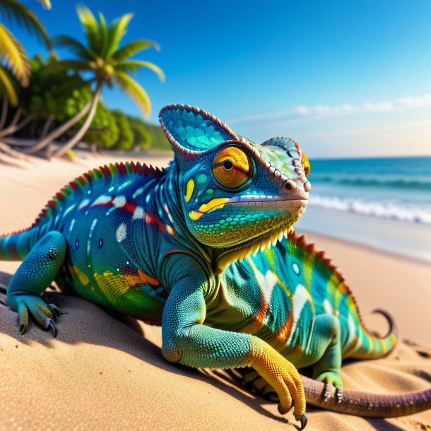 Photo of a resting of a chameleon on the beach