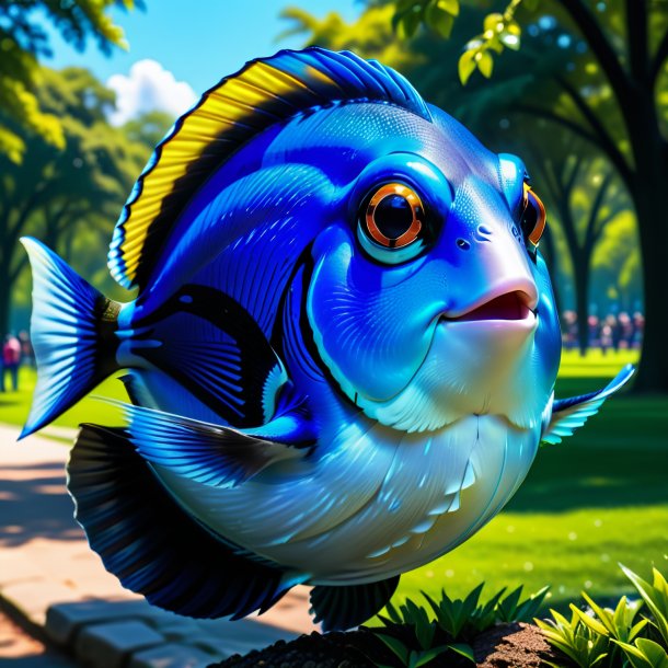 Picture of a blue tang in a coat in the park