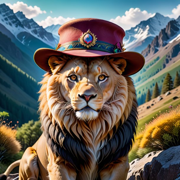 Photo of a lion in a hat in the mountains