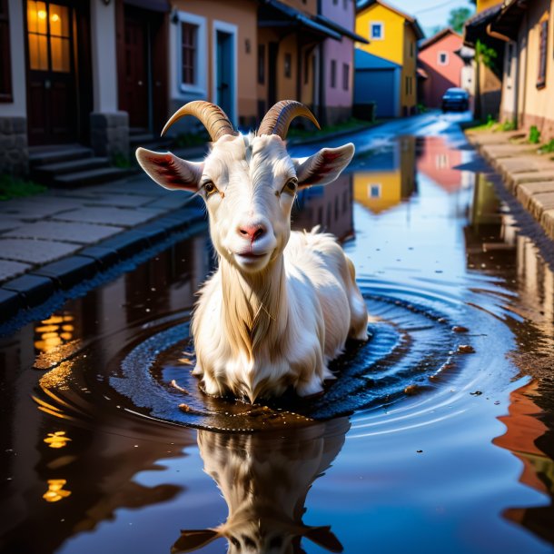 Pic of a swimming of a goat in the puddle