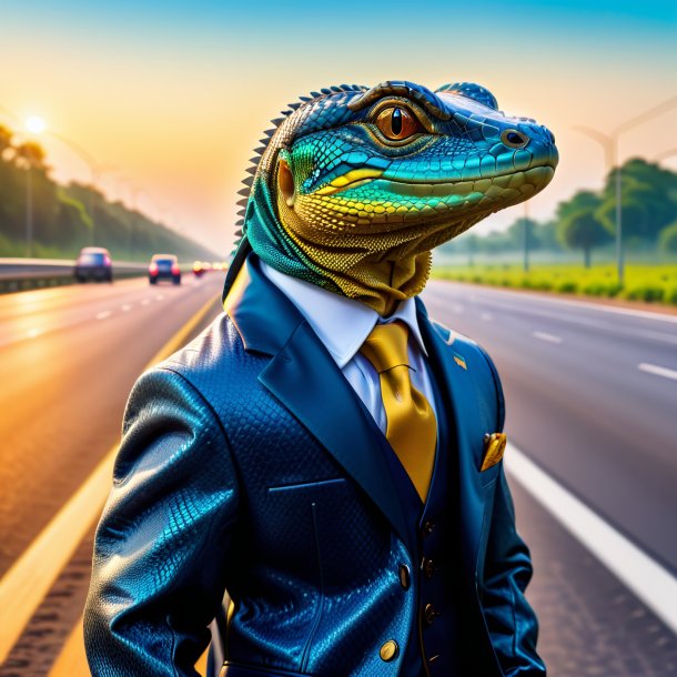 Foto de un lagarto monitor en una chaqueta en la carretera