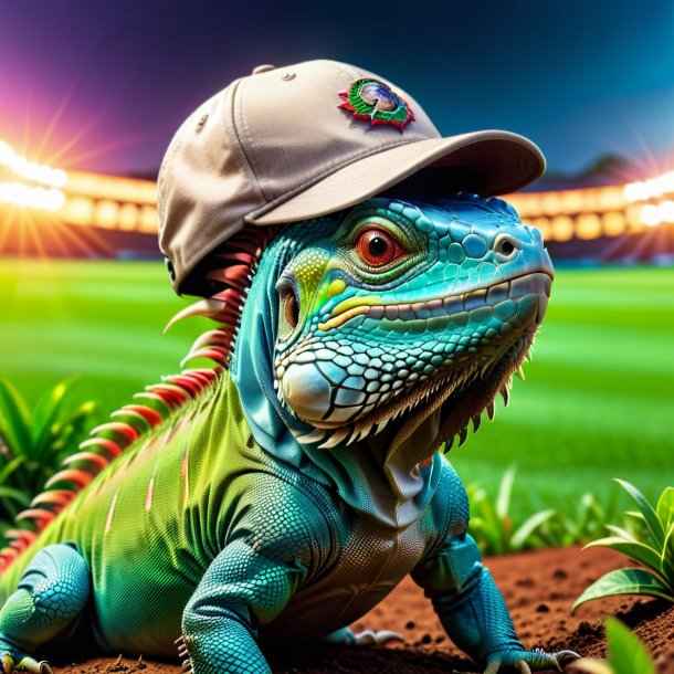 Picture of a iguana in a cap on the field