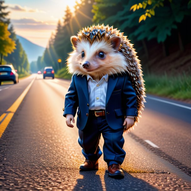 Photo of a hedgehog in a trousers on the road