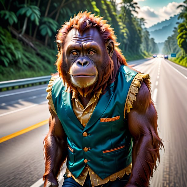 Image of a orangutan in a vest on the highway