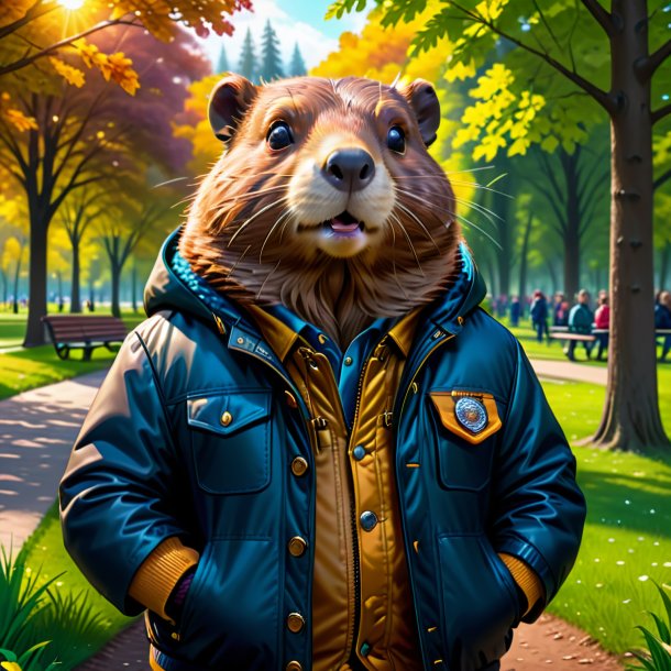 Illustration of a beaver in a jacket in the park