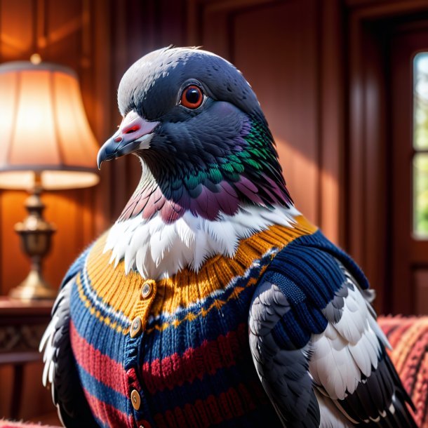 Foto de um pombo em um suéter na casa