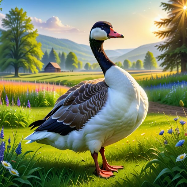 Picture of a goose in a dress in the meadow