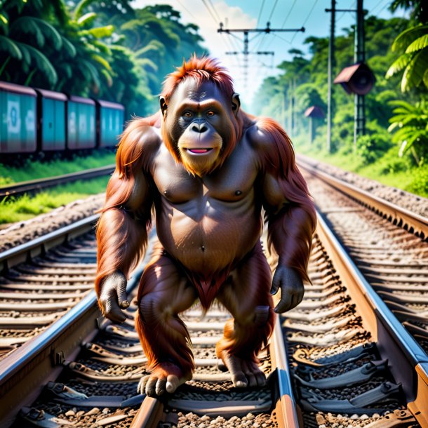 Picture of a orangutan in a shoes on the railway tracks