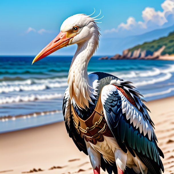 Drawing of a stork in a vest on the beach
