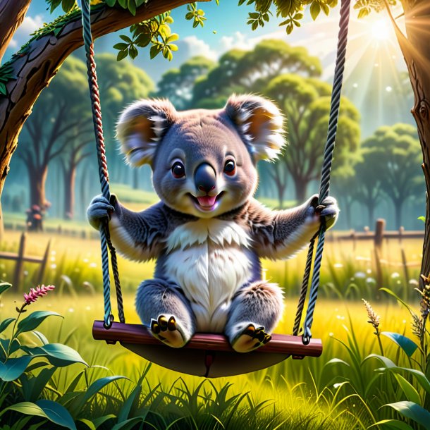 Pic of a swinging on a swing of a koala in the meadow