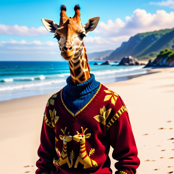 Image of a giraffe in a sweater on the beach